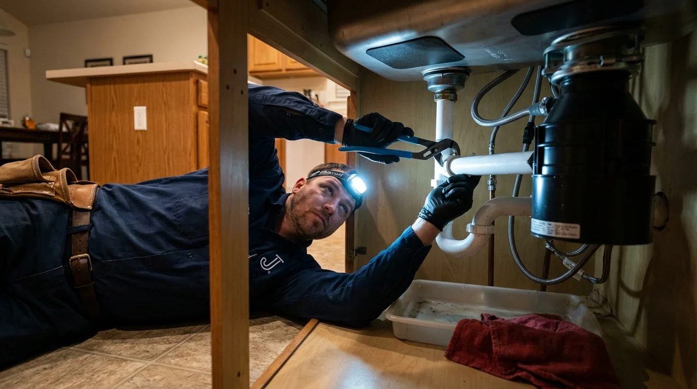 P-trap and supply line connections under a kitchen sink showing a common leak point in Easton, PA